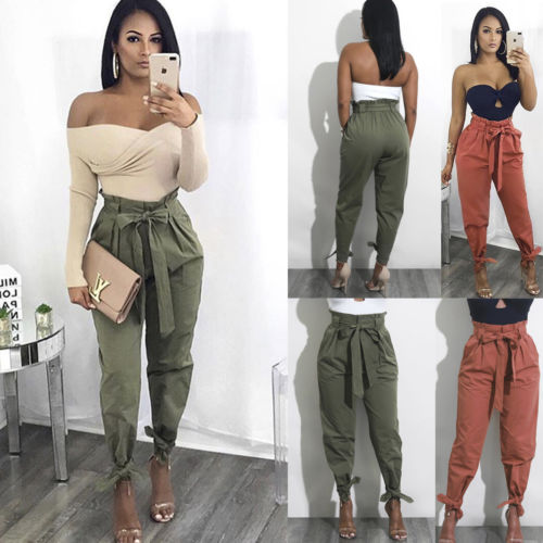 Women Ladies Fashion Harem Casual Straight Elastic High Waist Full Trousers Loose Long Pants Red Green