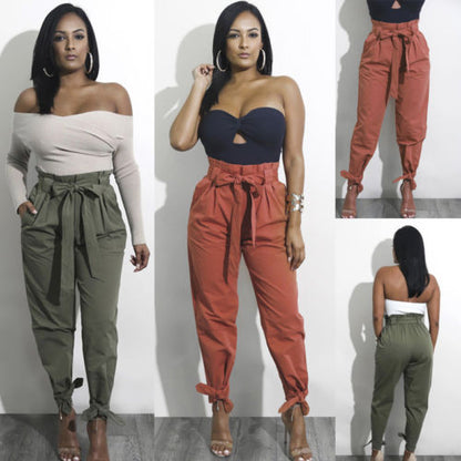 Women Ladies Fashion Harem Casual Straight Elastic High Waist Full Trousers Loose Long Pants Red Green