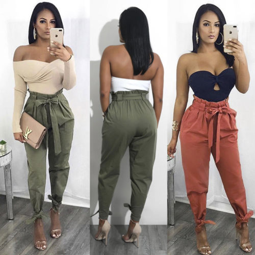 Women Ladies Fashion Harem Casual Straight Elastic High Waist Full Trousers Loose Long Pants Red Green