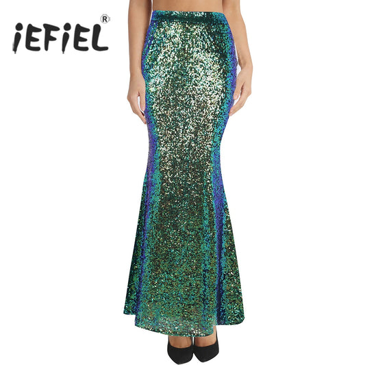 Women Ladies Fashion Long Maxi Shiny Sequin Mermaid Skirt Slim Fit Adult Formal Occasion Evening Costumes Party Wedding Skirt