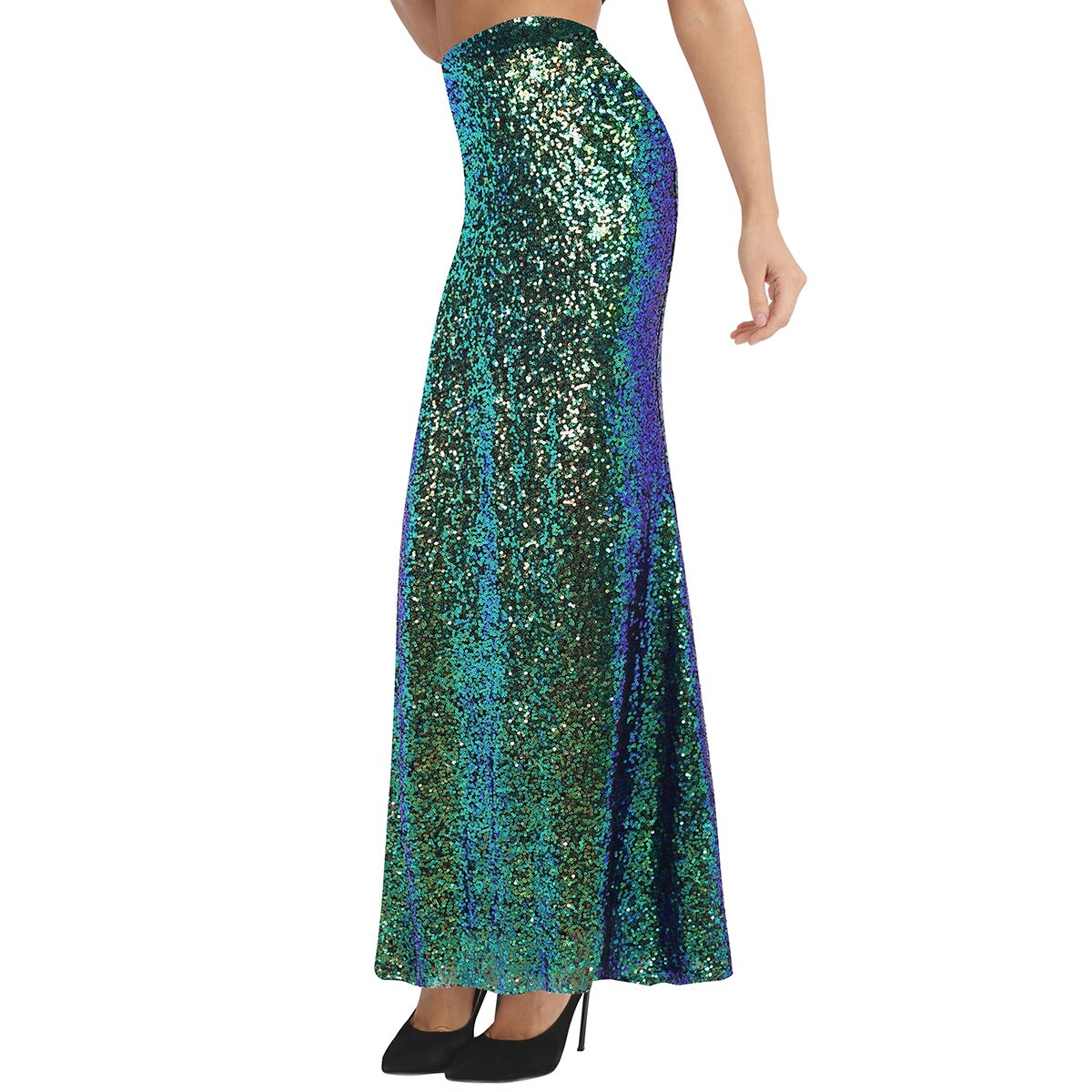 Women Ladies Fashion Long Maxi Shiny Sequin Mermaid Skirt Slim Fit Adult Formal Occasion Evening Costumes Party Wedding Skirt