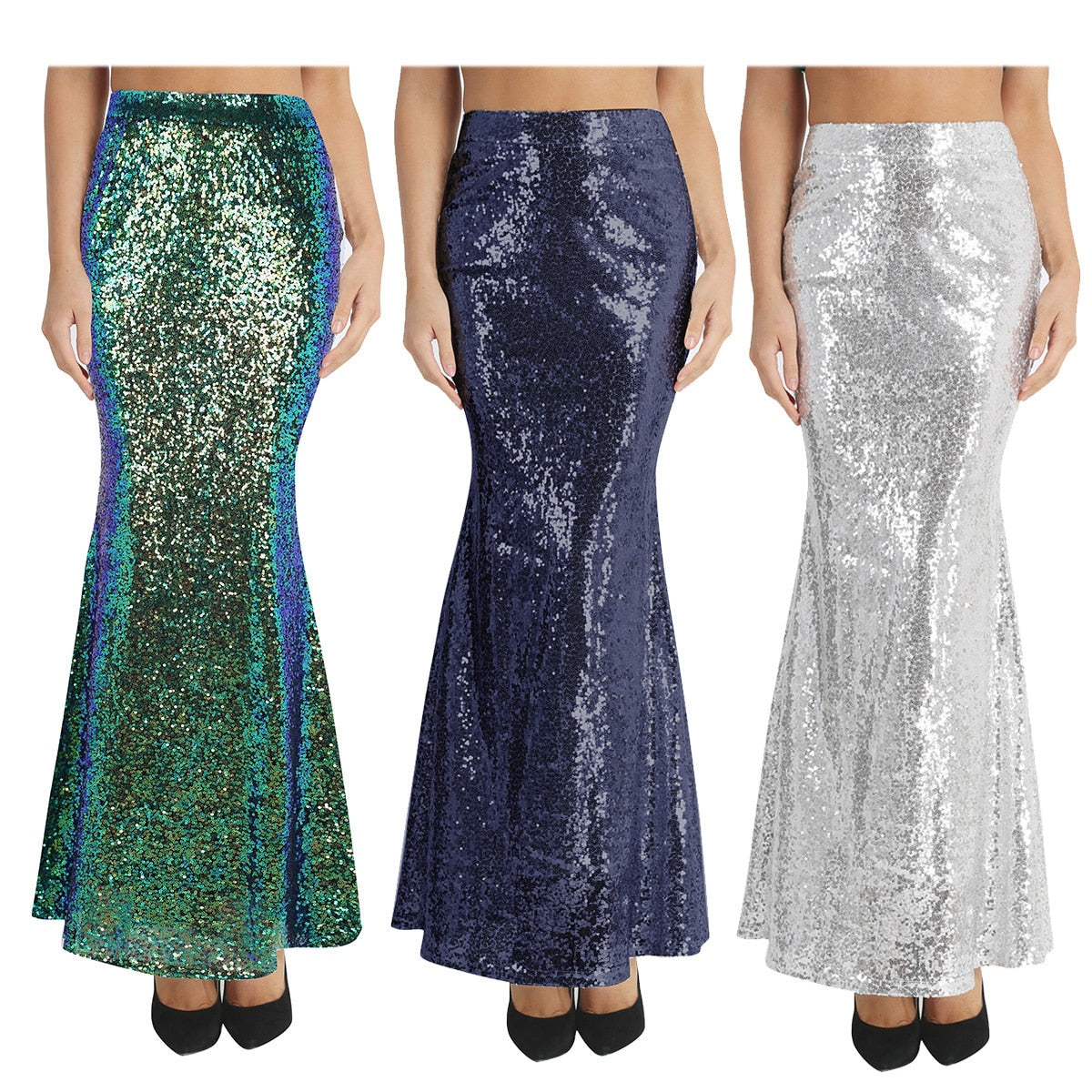 Women Ladies Fashion Long Maxi Shiny Sequin Mermaid Skirt Slim Fit Adult Formal Occasion Evening Costumes Party Wedding Skirt