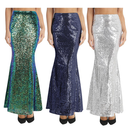 Women Ladies Fashion Long Maxi Shiny Sequin Mermaid Skirt Slim Fit Adult Formal Occasion Evening Costumes Party Wedding Skirt