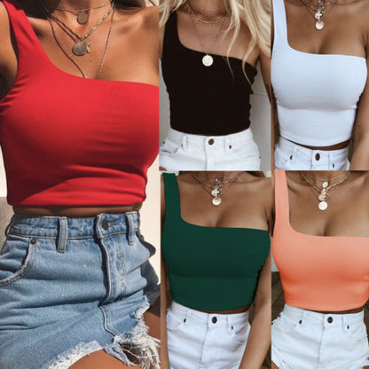 Women Lady Female One Shoulder Crop Tops Sleeveless T-Shirt Tank Tops Summer Beach Vest Bare Midriff Summer Fashion Clothes