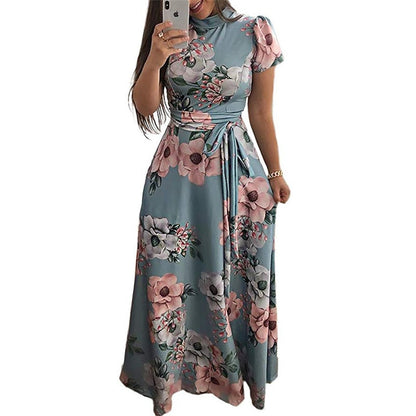 Women Long Maxi Dress 2018 Summer Floral Print Boho Style Beach Dress Casual Short Sleeve Bandage Party Dress Vestidos Plus Size