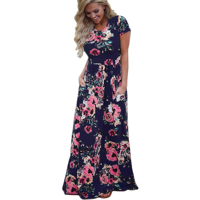 Women Long Maxi Dress 2019 Summer Floral Print Boho Beach Dress Short Sleeve Evening Party Dress Tunic Vestidos Plus Size XXXL