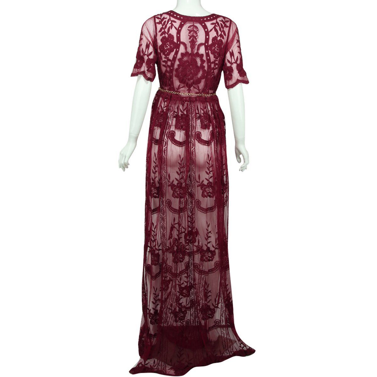 Women Long Maxi Dress Deep V Neck Short Sleeve Embroidery See Through Lace Split Dresses Prom Gown Vestidos