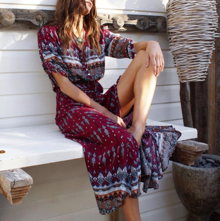 Women Long Maxi Dresses Bohemia V-neck Three Quarter Sleeve Floral Print Ethnic Summer Beach Female Split Stylish Style Dress