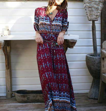 Women Long Maxi Dresses Bohemia V-neck Three Quarter Sleeve Floral Print Ethnic Summer Beach Female Split Stylish Style Dress