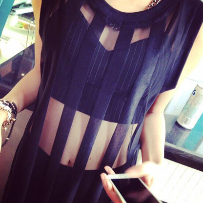 Women Long Tank Top Summer Sleeveless Mesh Dress Party Striped Patchwork Clubwear T Shirt Hollow Out Cover Up Beach Vestidos