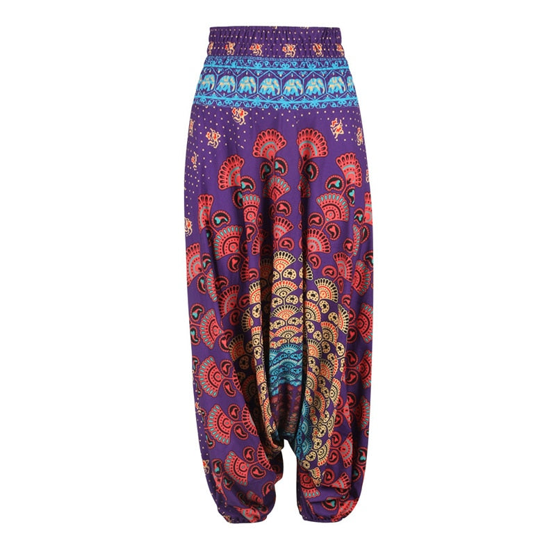 Women Loose Thai Harem Pants Indie Folk Boho Festival Hippy Casual Trousers Loose Elastic Waist Soft National Style Boho Pants