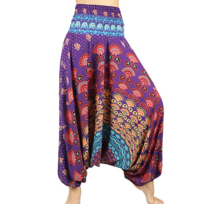 Women Loose Thai Harem Pants Indie Folk Boho Festival Hippy Casual Trousers Loose Elastic Waist Soft National Style Boho Pants