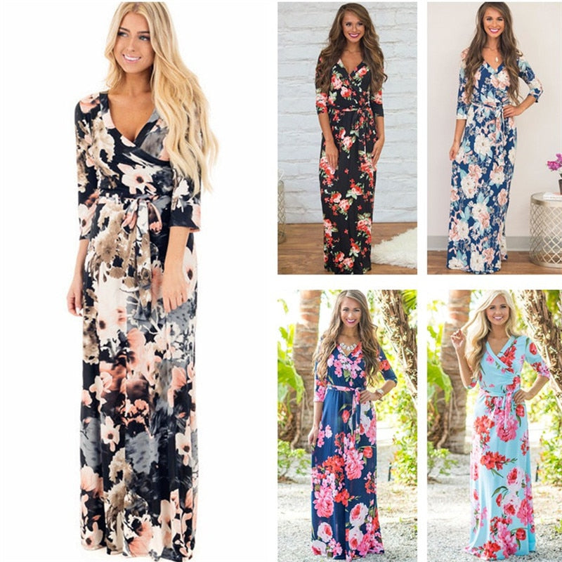 Women Maxi Long Dresses Summer Floral Print Beach Dress Elegant Bandage Bodycon Party Dress Vestidos largos mujer Plus Size XXL