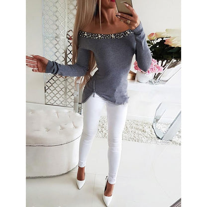 Women Off Shoulder Beading Blouses Shirt Slim Fit Long Sleeve Spring Autumn Solid  New Design Zipper Blusas Shirt Tops SJ1684R