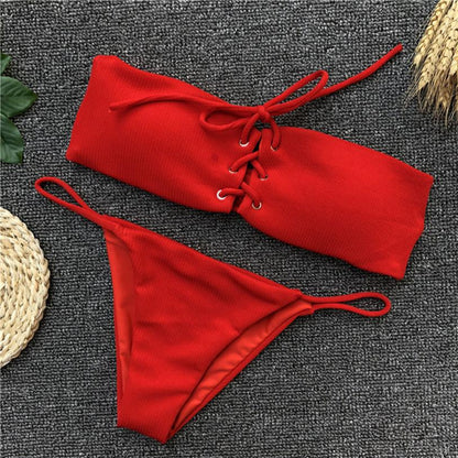 Women Off Shoulder Swimsuit separate Bandage Push-Up Padded Bra Beach Bikini Set Swimsuit Swimwear bikini push up bikini mujer