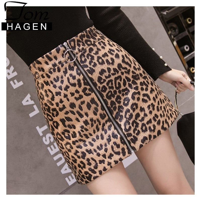 Women PU Faux Leather Skirt Winter Women Elegant Zipper Mini Pencil Leopard Print Skirt Lady Summer Skinny High Waist Skirts