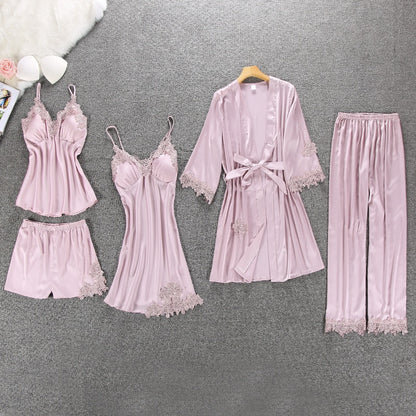 Women Pajamas 5 Pieces Satin Sleepwear Pijama Silk Home Wear Home Clothing Embroidery Sleep Lounge Pyjama with Chest Pads