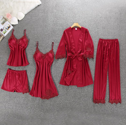 Women Pajamas 5 Pieces Satin Sleepwear Pijama Silk Home Wear Home Clothing Embroidery Sleep Lounge Pyjama with Chest Pads