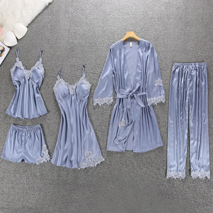 Women Pajamas 5 Pieces Satin Sleepwear Pijama Silk Home Wear Home Clothing Embroidery Sleep Lounge Pyjama with Chest Pads