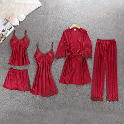 Women Pajamas 5 Pieces Satin Sleepwear Pijama Silk Home Wear Home Clothing Embroidery Sleep Lounge Pyjama with Chest Pads