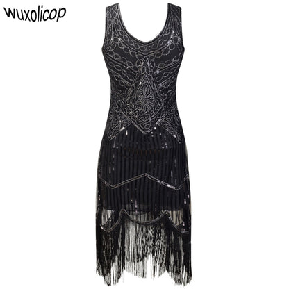 Women Party Dress Robe Femme 1920s Great Gatsby Flapper Sequin Fringe Midi Dress Vestido Summer Art Deco Retro Black Dress