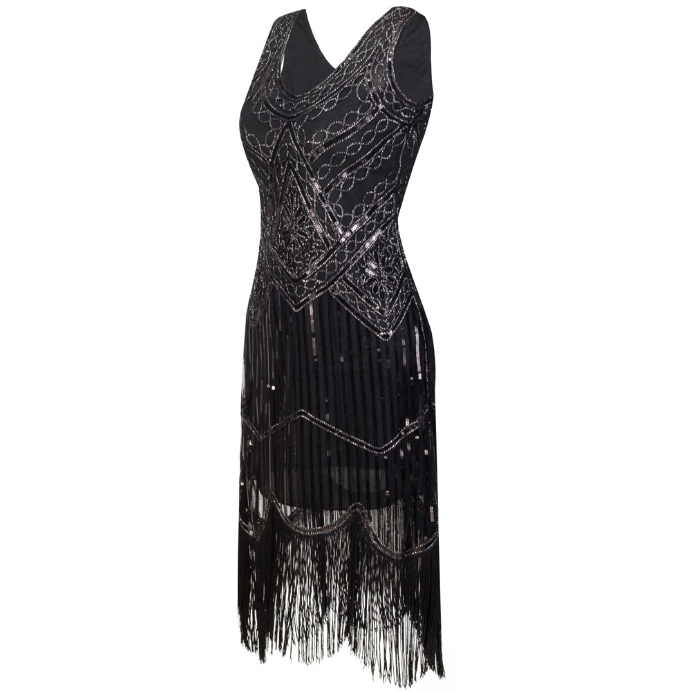 Women Party Dress Robe Femme 1920s Great Gatsby Flapper Sequin Fringe Midi Dress Vestido Summer Art Deco Retro Black Dress