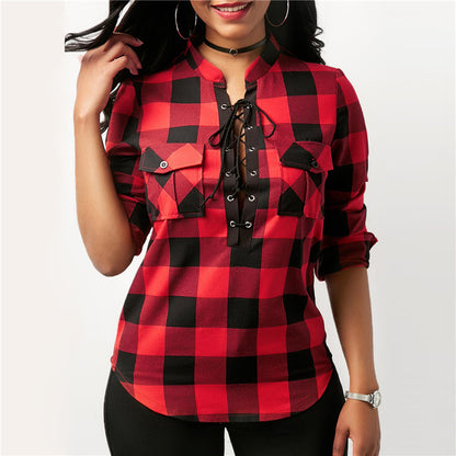 Women Plaid Shirts 2018 Spring Long Sleeve Blouses Shirt Office Lady Cotton Lace up Shirt Tunic Casual Tops Plus Size Blusas