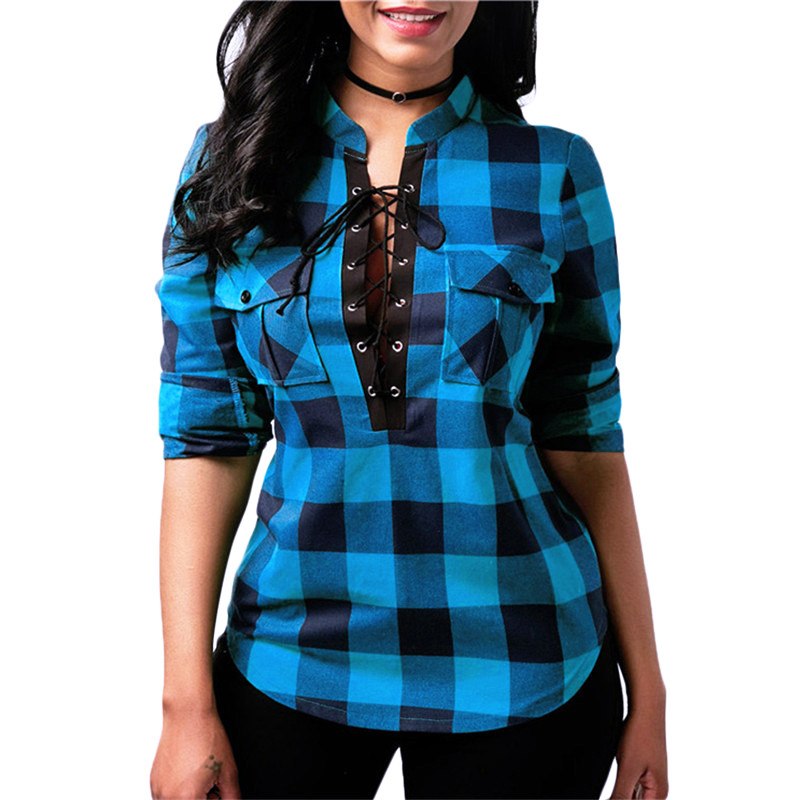 Women Plaid Shirts 2018 Spring Long Sleeve Blouses Shirt Office Lady Cotton Lace up Shirt Tunic Casual Tops Plus Size Blusas