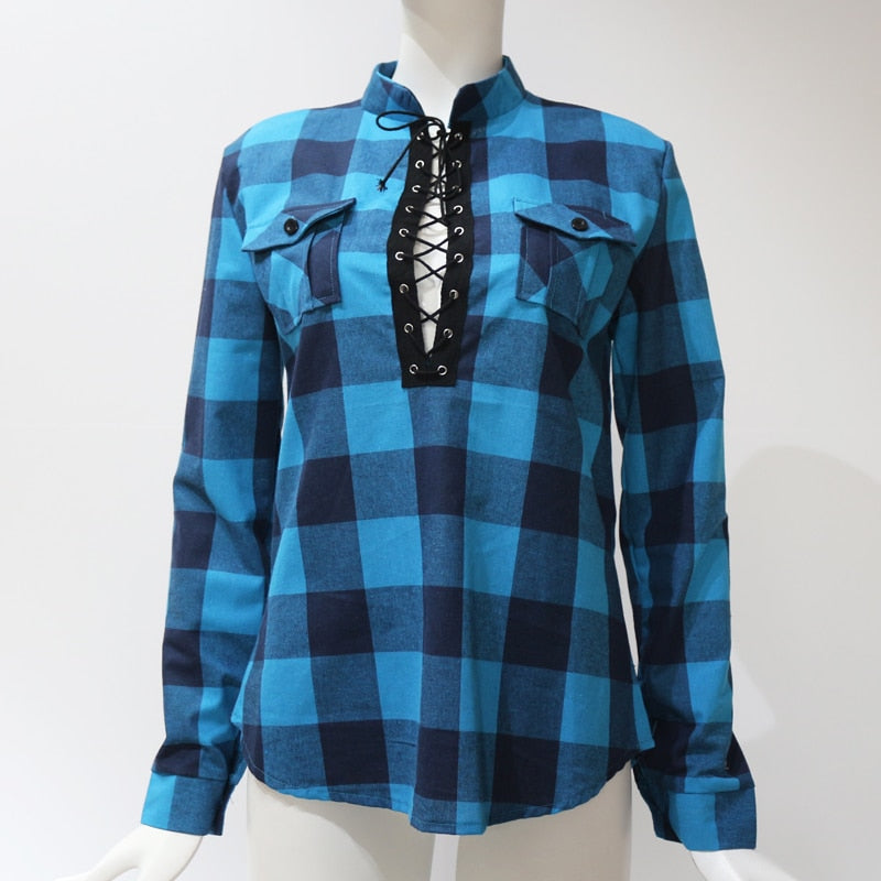 Women Plaid Shirts 2018 Spring Long Sleeve Blouses Shirt Office Lady Cotton Lace up Shirt Tunic Casual Tops Plus Size Blusas