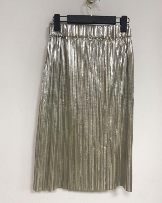 Women Pleated Skirt New 2018 Fashion Metallic Luster Sequined Elastic Waist Jupe Femme