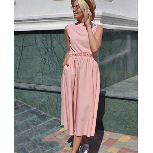 Women Ruffled a Line Solid Party Dress Ladies Pocket Sleeveless o Neck Elegant Dress 2019 Summer Beach Fashion Dress