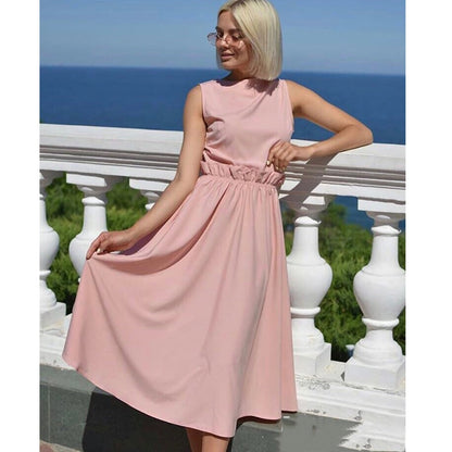 Women Ruffled a Line Solid Party Dress Ladies Pocket Sleeveless o Neck Elegant Dress 2019 Summer Beach Fashion Dress