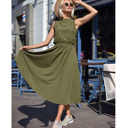 Women Ruffled a Line Solid Party Dress Ladies Pocket Sleeveless o Neck Elegant Dress 2019 Summer Beach Fashion Dress