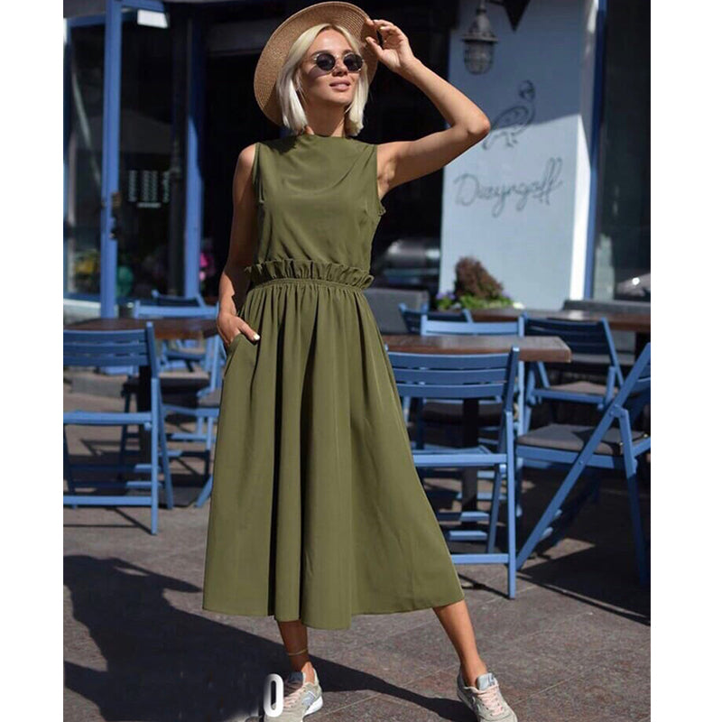 Women Ruffled a Line Solid Party Dress Ladies Pocket Sleeveless o Neck Elegant Dress 2019 Summer Beach Fashion Dress