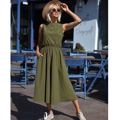 Women Ruffled a Line Solid Party Dress Ladies Pocket Sleeveless o Neck Elegant Dress 2019 Summer Beach Fashion Dress