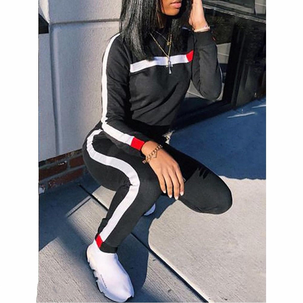 Women Set O Neck Long Sleeve Hoodies + Long Pant 2Pcs Ladies Sport Wear Femme Running Tracksuit Casual Suit