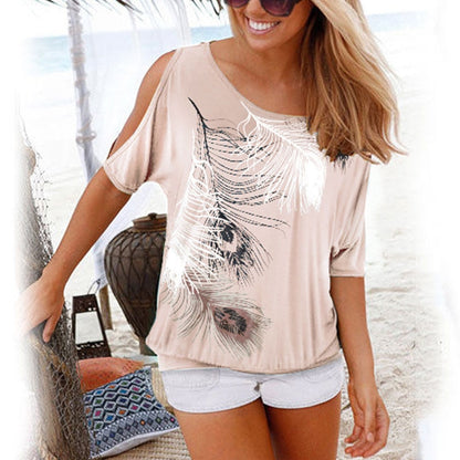 Women Shirt Casual Summer Blouse 2019 Short Batwing Sleeve Loose Tops Cold Shoulder Feather Print Shirt Plus Size Blouse 5XL