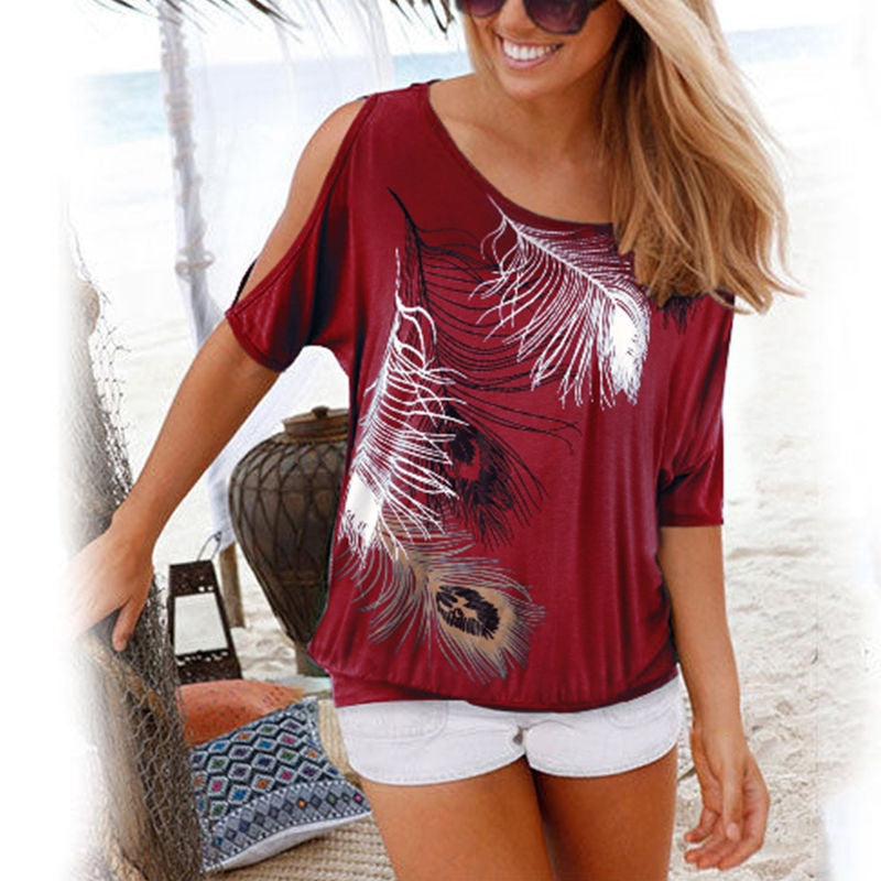 Women Shirt Casual Summer Blouse 2019 Short Batwing Sleeve Loose Tops Cold Shoulder Feather Print Shirt Plus Size Blouse 5XL