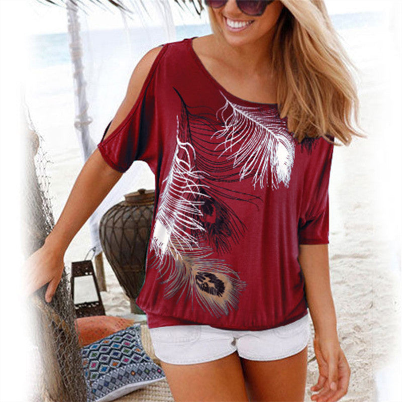 Women Shirt Casual Summer Blouse 2019 Short Batwing Sleeve Loose Tops Cold Shoulder Feather Print Shirt Plus Size Blouse 5XL