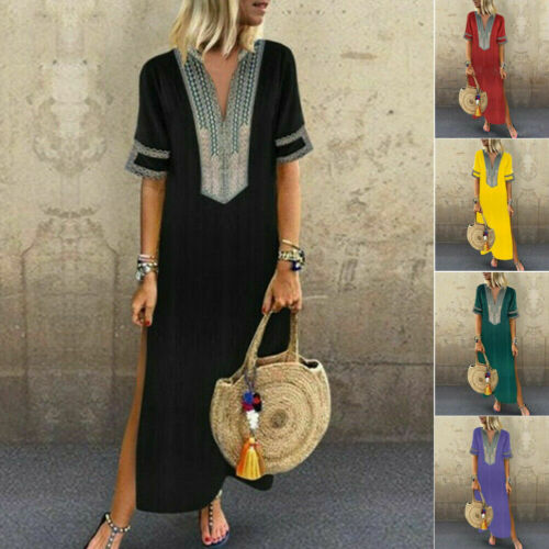 Women Short Sleeve V Neck Boho Maxi Dress Ladies Holiday Beach Split Dress 2019 Fashion Loose Classical Sundress Plus Size S-5XL