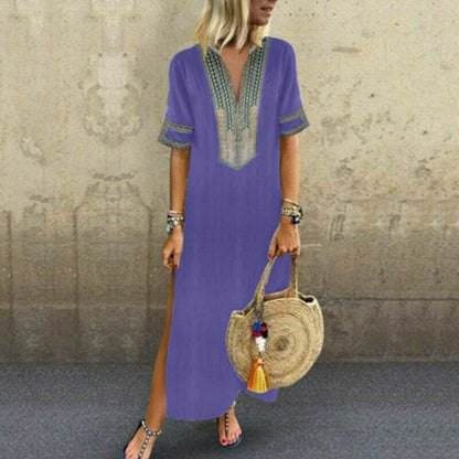 Women Short Sleeve V Neck Boho Maxi Dress Ladies Holiday Beach Split Dress 2019 Fashion Loose Classical Sundress Plus Size S-5XL