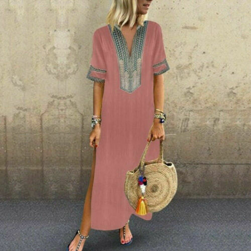 Women Short Sleeve V Neck Boho Maxi Dress Ladies Holiday Beach Split Dress 2019 Fashion Loose Classical Sundress Plus Size S-5XL