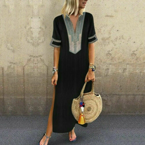 Women Short Sleeve V Neck Boho Maxi Dress Ladies Holiday Beach Split Dress 2019 Fashion Loose Classical Sundress Plus Size S-5XL