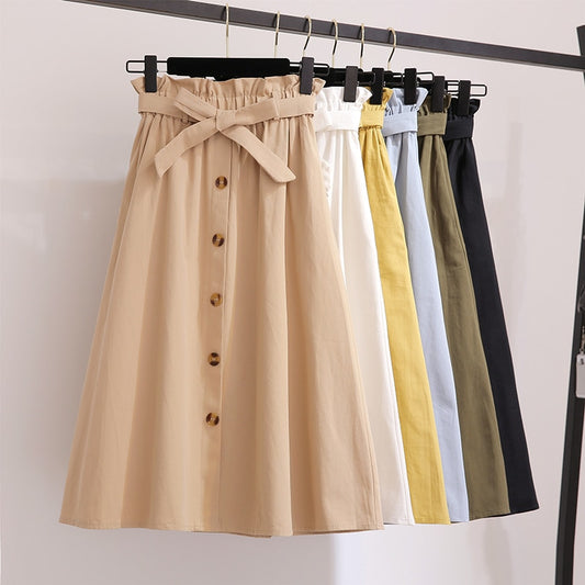 Women Skirts Fashion 2019 High Waist Skirt Women Spring Summer Midi Skirts Womens Elastic Waist A Line Ladies Skirts With Belt