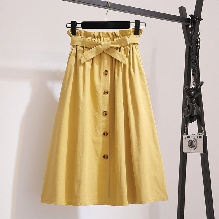 Women Skirts Fashion 2019 High Waist Skirt Women Spring Summer Midi Skirts Womens Elastic Waist A Line Ladies Skirts With Belt