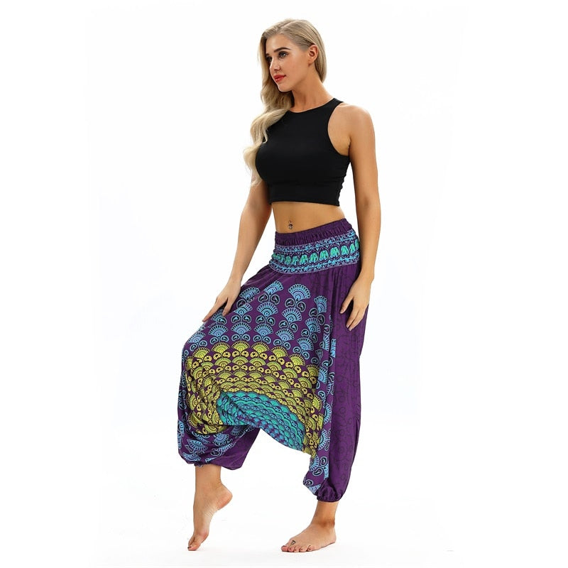 Women Soft Loose Thai Harem Pants Indie Folk Boho Festival Hippy Casual Trousers Loose Elastic Waist National Style Pants