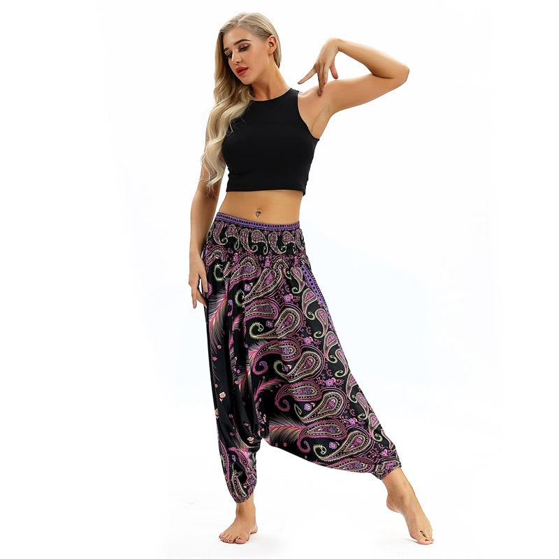 Women Soft Loose Thai Harem Pants Indie Folk Boho Festival Hippy Casual Trousers Loose Elastic Waist National Style Pants