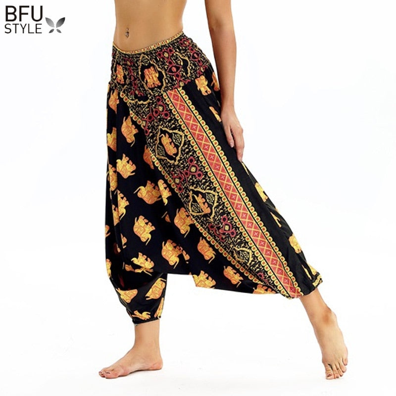 Women Soft Loose Thai Harem Pants Indie Folk Boho Festival Hippy Casual Trousers Loose Elastic Waist National Style Pants