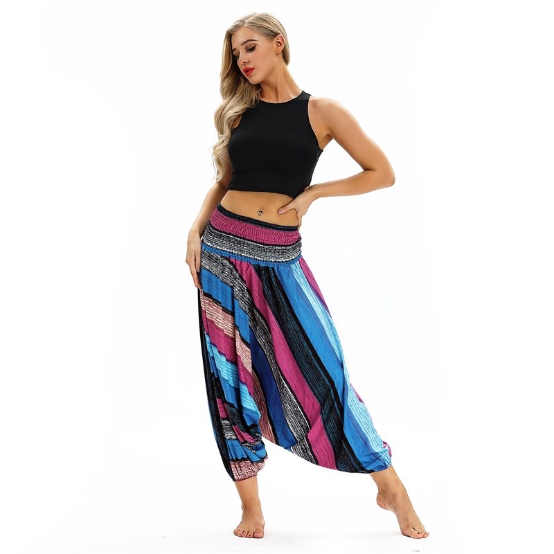 Women Soft Loose Thai Harem Pants Indie Folk Boho Festival Hippy Casual Trousers Loose Elastic Waist National Style Pants