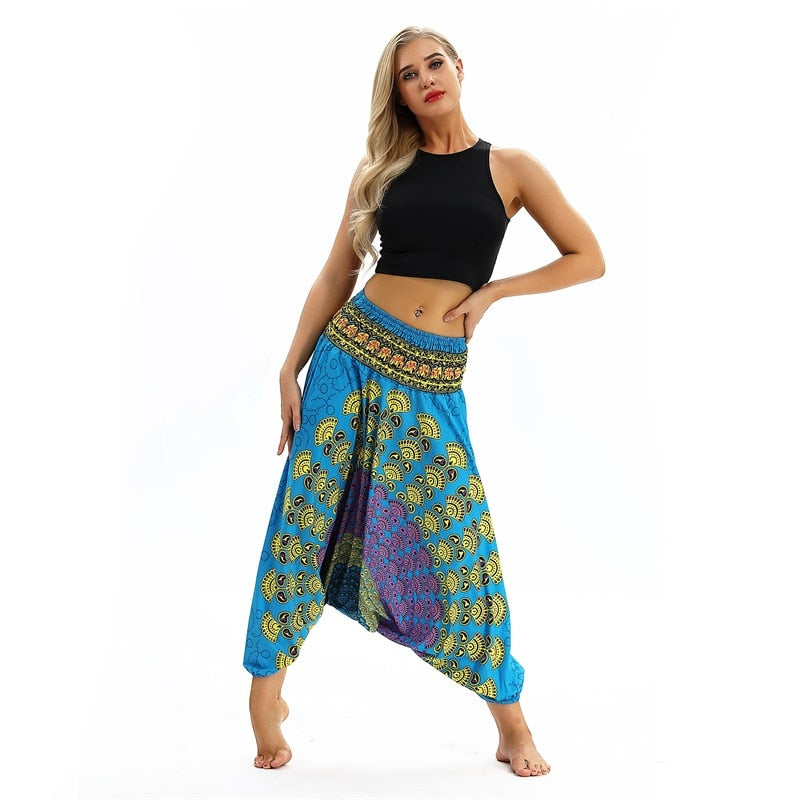 Women Soft Loose Thai Harem Pants Indie Folk Boho Festival Hippy Casual Trousers Loose Elastic Waist National Style Pants